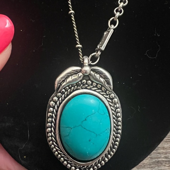 2 turquoise colored and silver necklaces, one multi strand and other w/pendant - Picture 3 of 11